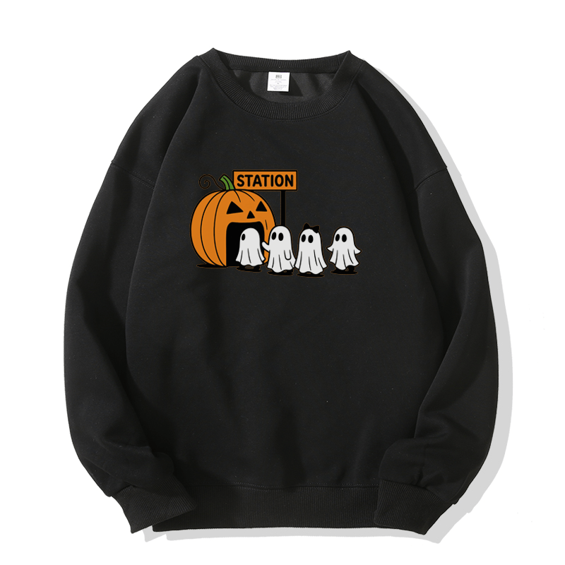 Sweatshirt mit Kürbis-Geister-Print und Rundhalsausschnitt - Black - 5XL - image 3