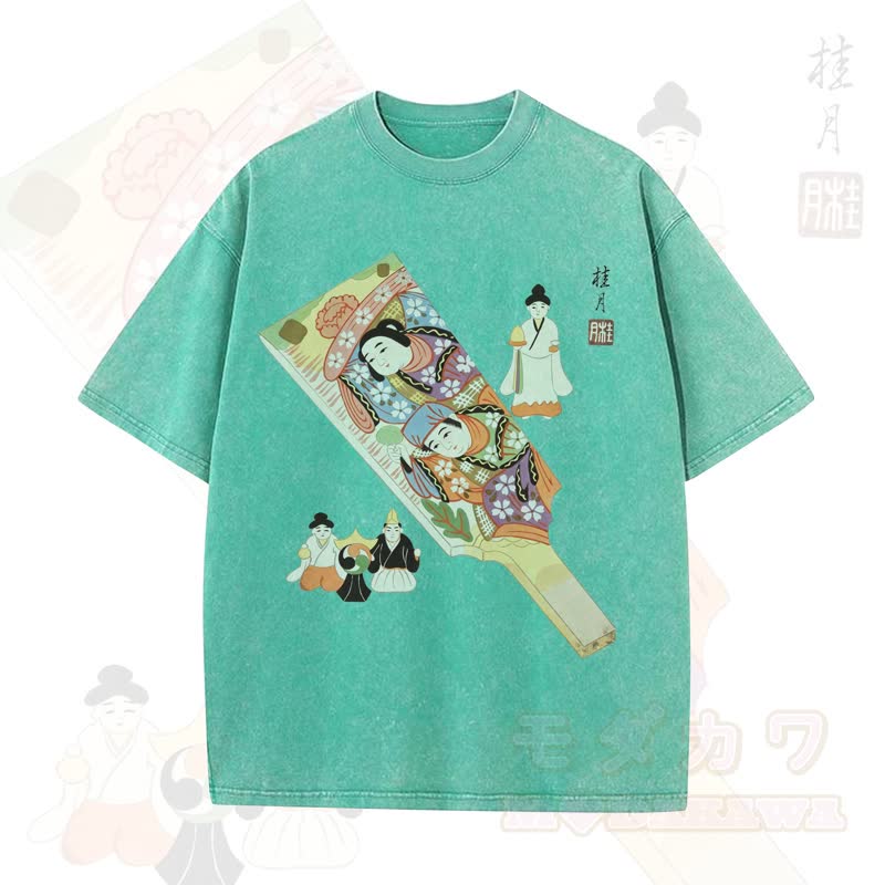 MODAKAWA Vintage-Top aus gewaschener, übergroßer Baumwolle mit traditionellem japanischem Schriftzeichen-Print und kurzen Ärmeln - Aquagrün - 5XL - image 9