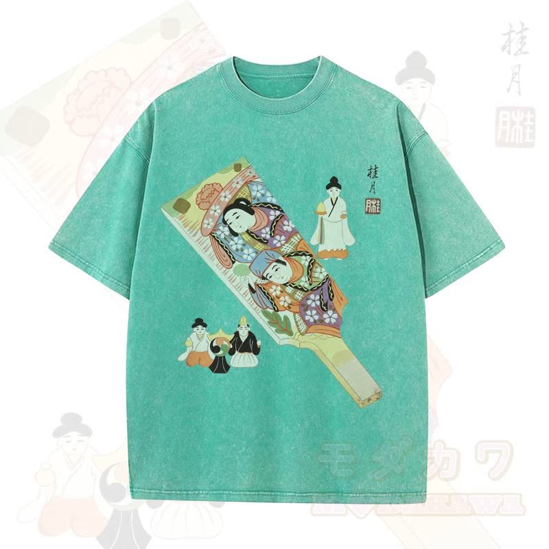 MODAKAWA Vintage-Top aus gewaschener, übergroßer Baumwolle mit traditionellem japanischem Schriftzeichen-Print und kurzen Ärmeln - Aquagrün - 5XL - image 9