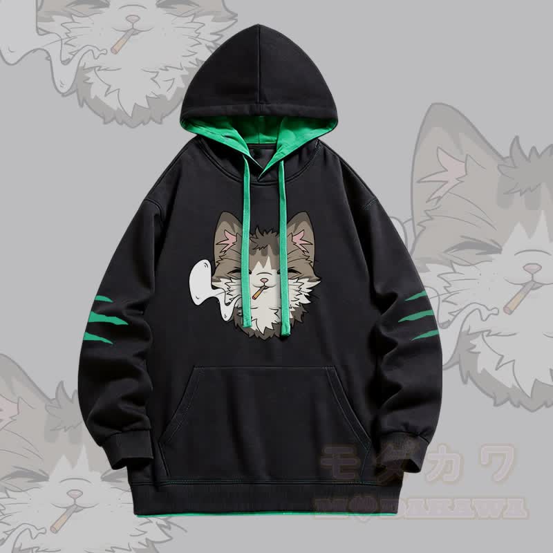 Modakawa Oversized Pullover Hoodie mit rauchender Katze und Kontrastfutter - Schwarz - 4XL - image 3