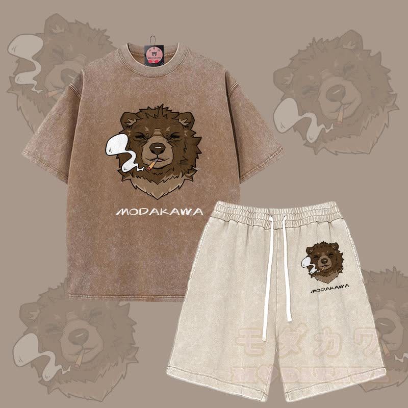 MODAKAWA Smoking Bear Grafik Vintage Washed T-Shirt Shorts Zweiteiliges Set - Braun & Aprikose - 3XL - image 8