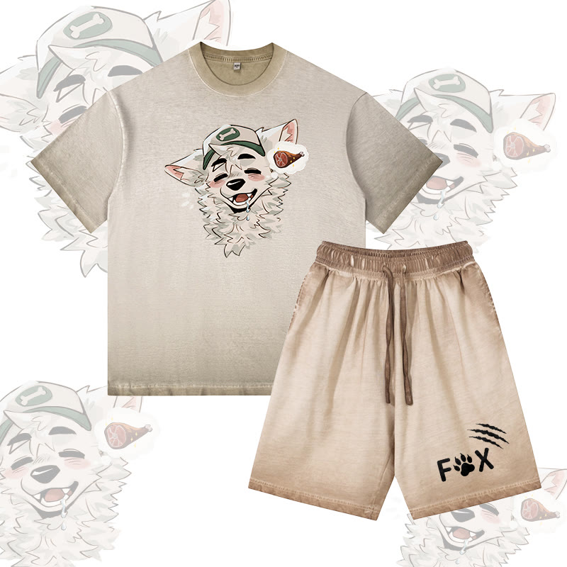 MODAKAWA X atka Fox Wants Meat Grafik Vintage Washed T-Shirt FOX Letter Grafik Shorts Gradient Zweiteiliges Set - Khaki - 5XL - image 3