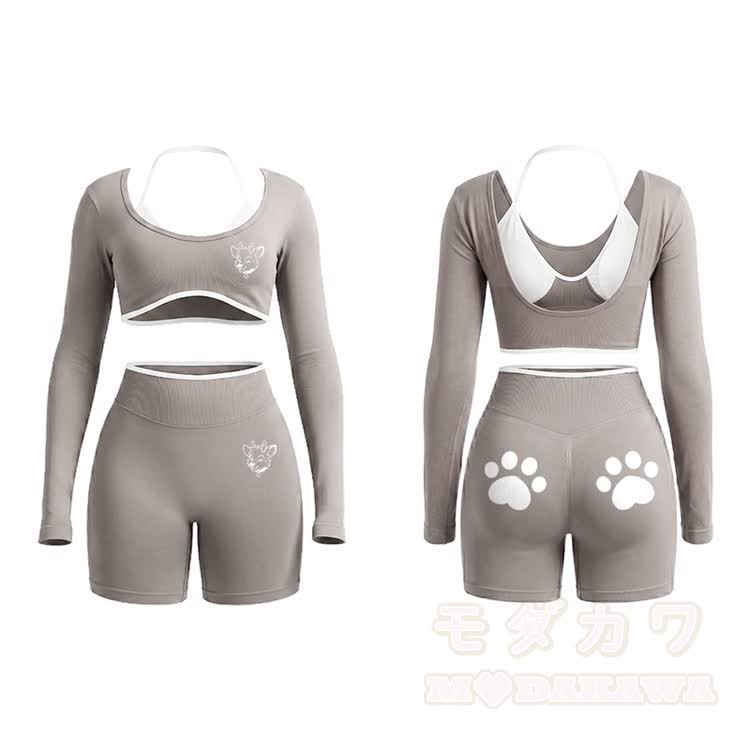 Deer Graphic Tight Long Sleeve Yoga Top & Shorts Set - Light Khaki - XL - image 13