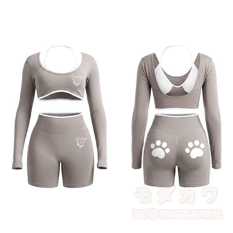 Deer Graphic Tight Long Sleeve Yoga Top & Shorts Set - Light Khaki - XL - image 13