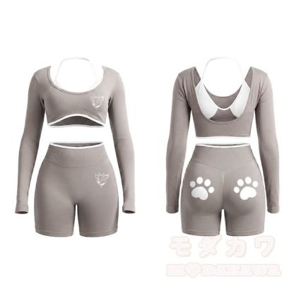 Deer Graphic Tight Long Sleeve Yoga Top & Shorts Set - Light Khaki - XL - image 13