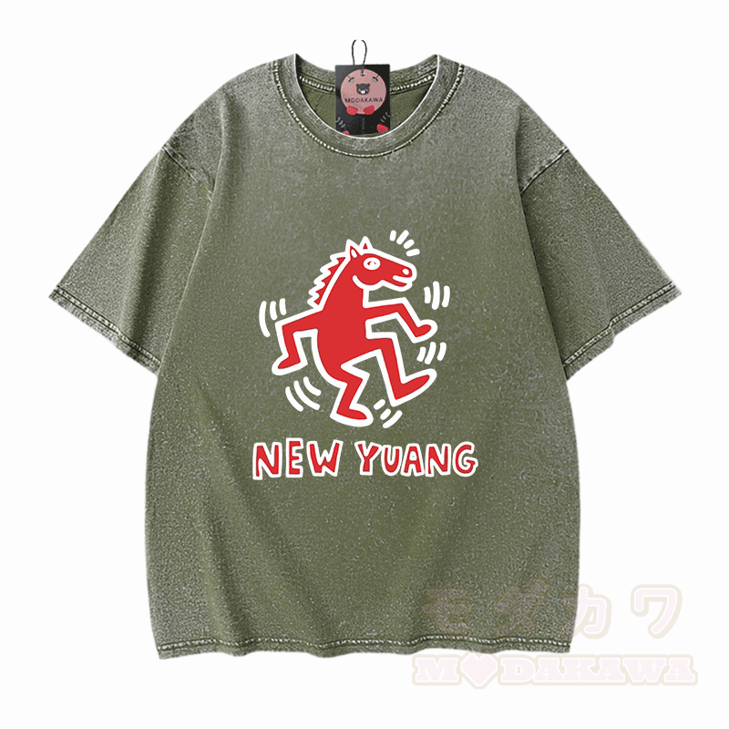 NEUES YUANG Pferde-Grafik Modakawa Unisex Vintage Washed T-Shirt - Grün - 5XL - image 10
