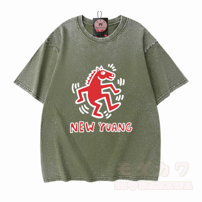 NEUES YUANG Pferde-Grafik Modakawa Unisex Vintage Washed T-Shirt - Grün - 5XL - image 10
