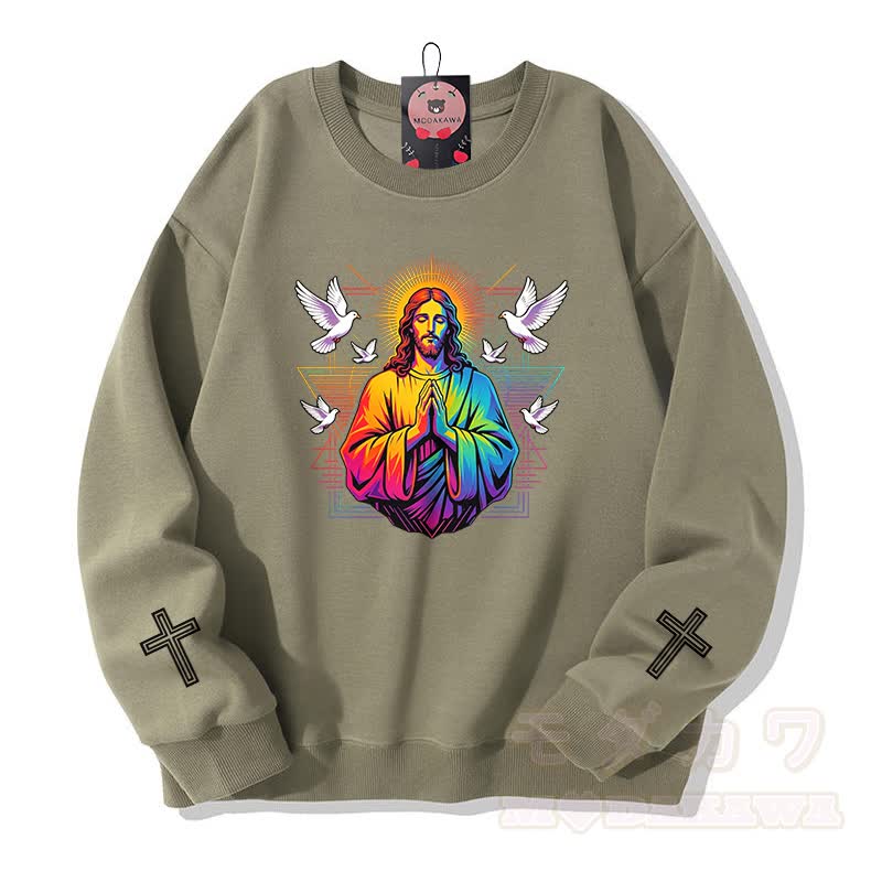 Modakawa Sweatshirt mit Regenbogen-Gebetstauben-Kreuz-Grafik - Hellkhaki - 5XL - image 6