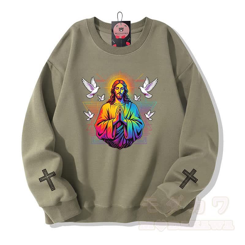 Modakawa Sweatshirt mit Regenbogen-Gebetstauben-Kreuz-Grafik - Hellkhaki - 5XL - image 6