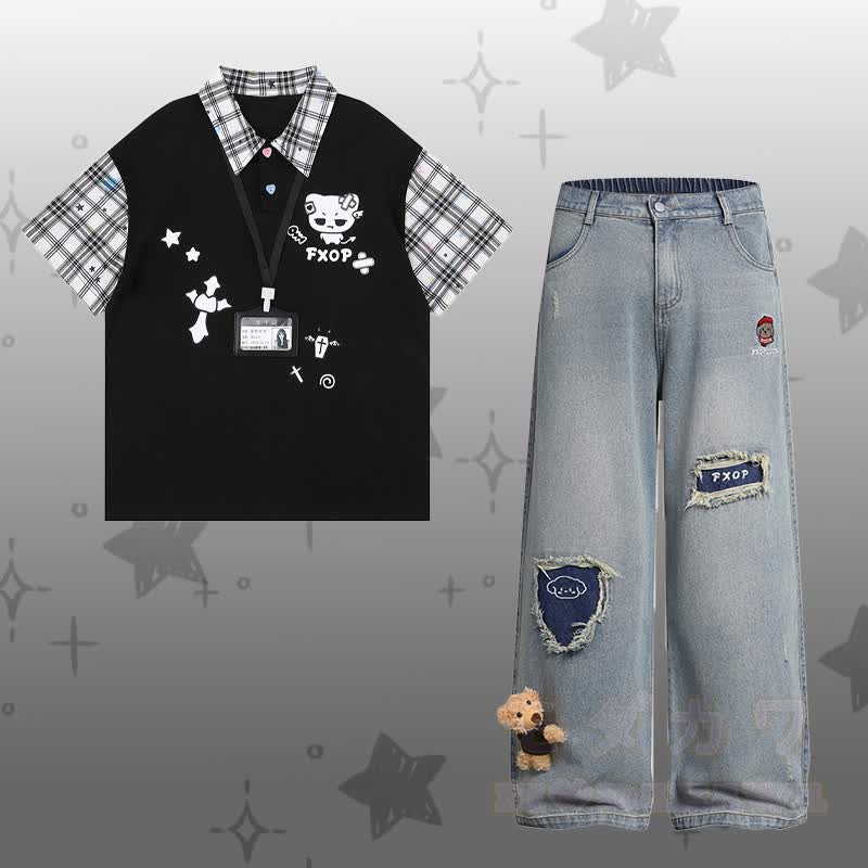 Demon Kitty Grafik- Farben Block-Polo-T-Shirt, zerrissene Jeans, Modakawa passendes Outfit - Satz C - XL - image 3