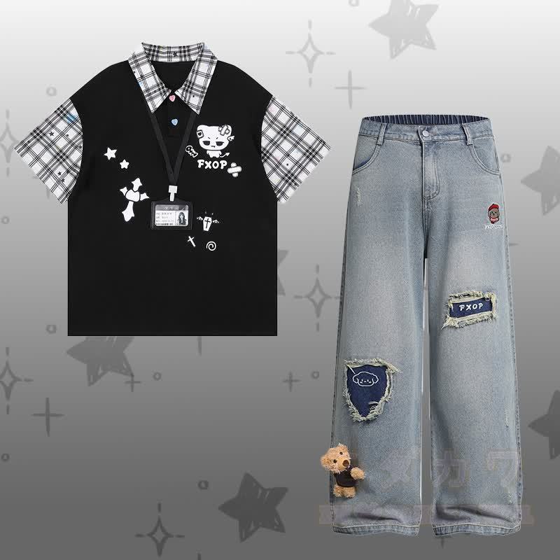 Demon Kitty Grafik- Farben Block-Polo-T-Shirt, zerrissene Jeans, Modakawa passendes Outfit - Satz C - XL - image 3