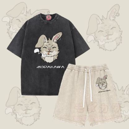MODAKAWA Smoking Bunny Grafik Vintage Washed T-Shirt Shorts Zweiteiliges Set - Schwarz & Aprikose - 3XL - image 3