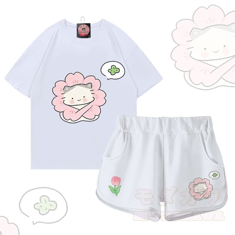 Zweiteiliges Set von Modakawa: T-Shirt aus 100 % Baumwolle mit Blumen-Katzenmotiv und Farbverlauf-Shorts - Satz C - 5XL - image 3