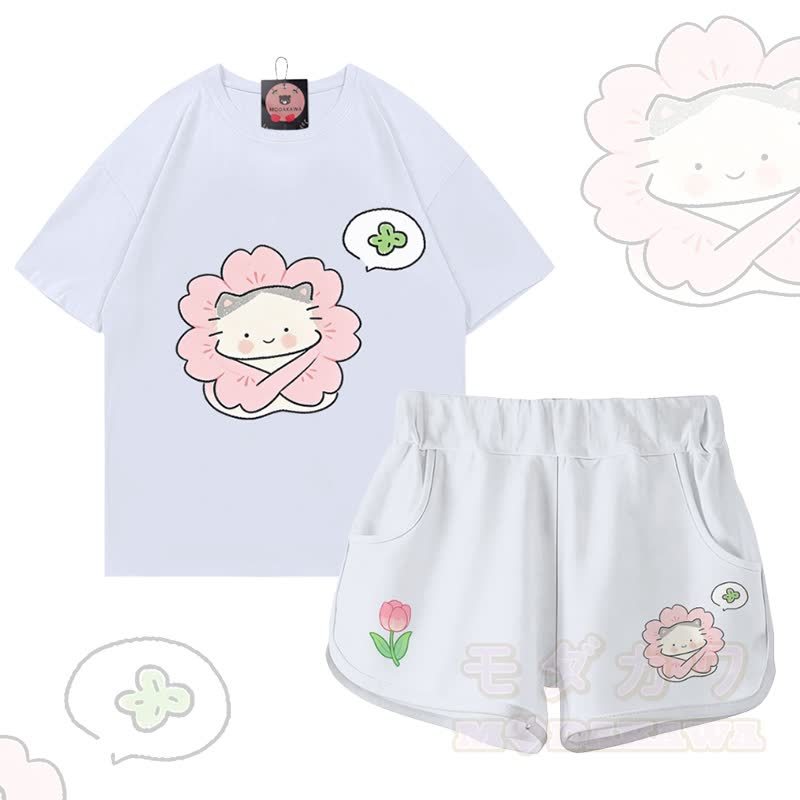 Zweiteiliges Set von Modakawa: T-Shirt aus 100 % Baumwolle mit Blumen-Katzenmotiv und Farbverlauf-Shorts - Satz C - 5XL - image 3