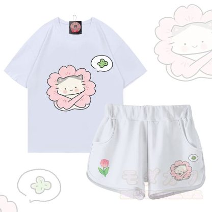 Zweiteiliges Set von Modakawa: T-Shirt aus 100 % Baumwolle mit Blumen-Katzenmotiv und Farbverlauf-Shorts - Satz C - 5XL - image 3