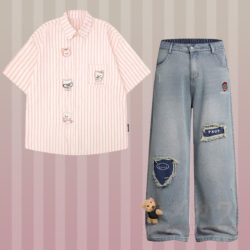 Gestreiftes Welpen-Stickhemd, 3D-Bär-Zerrissene Jeans, Modakawa-Partnerlook - Satz C - XL - image 7