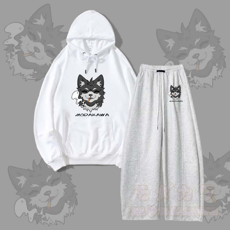 MODAKAWA Smoking Puppy Grafik-Hoodie, weite Hose, zweiteiliges Set - Weiß & Grau - 5XL - image 5