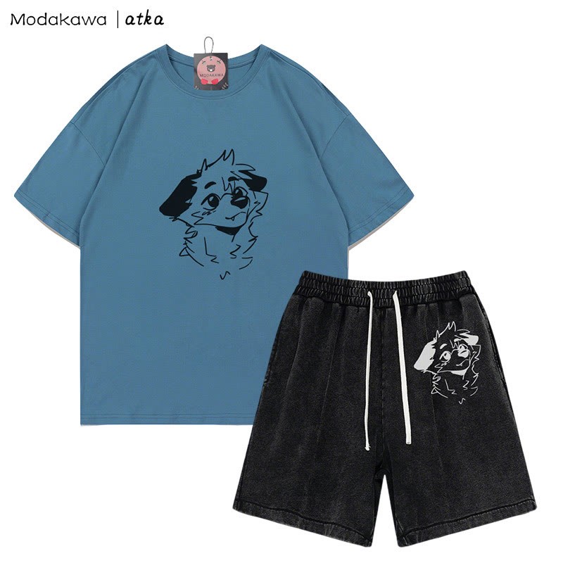 MODAKAWA X atka T-Shirt mit Anticipating Fox-Grafik und verwaschenen Vintage-Shorts, zweiteiliges Set - Dark Dusty Blue&Black - 3XL - image 9