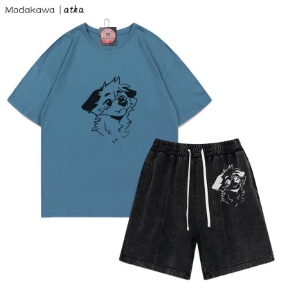 MODAKAWA X atka T-Shirt mit Anticipating Fox-Grafik und verwaschenen Vintage-Shorts, zweiteiliges Set - Dark Dusty Blue&Black - 3XL - image 9
