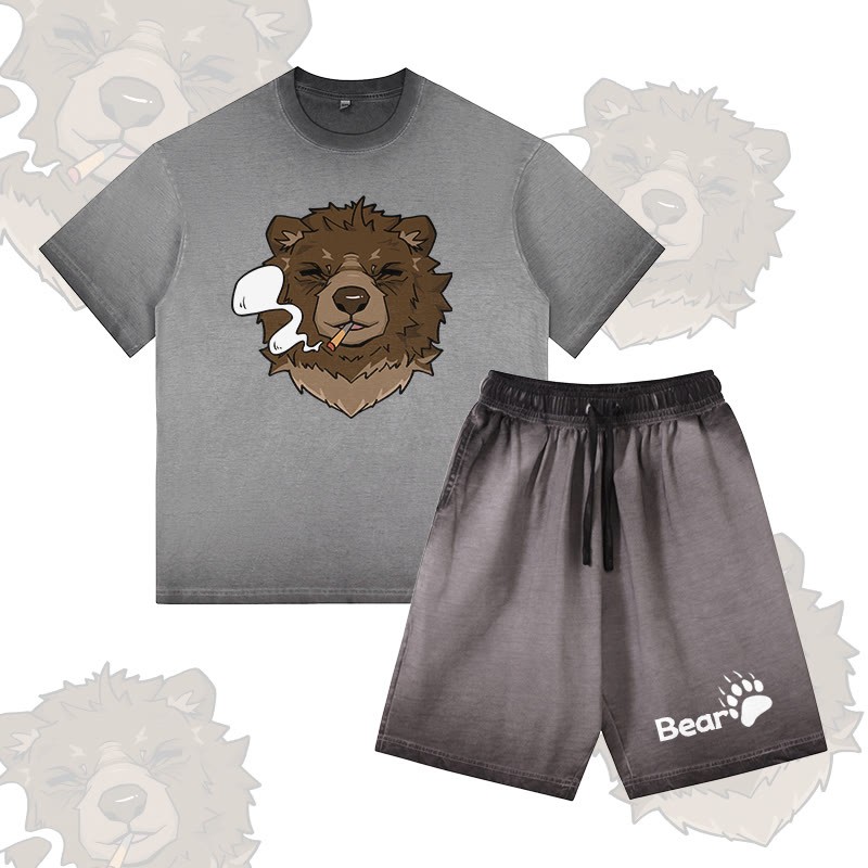Smoking Bear Grafik Vintage Washed T-Shirt, BEAR Buchstaben Grafik Shorts, Modakawa Gradient Zweiteiliges Set - Grey - 5XL - image 3