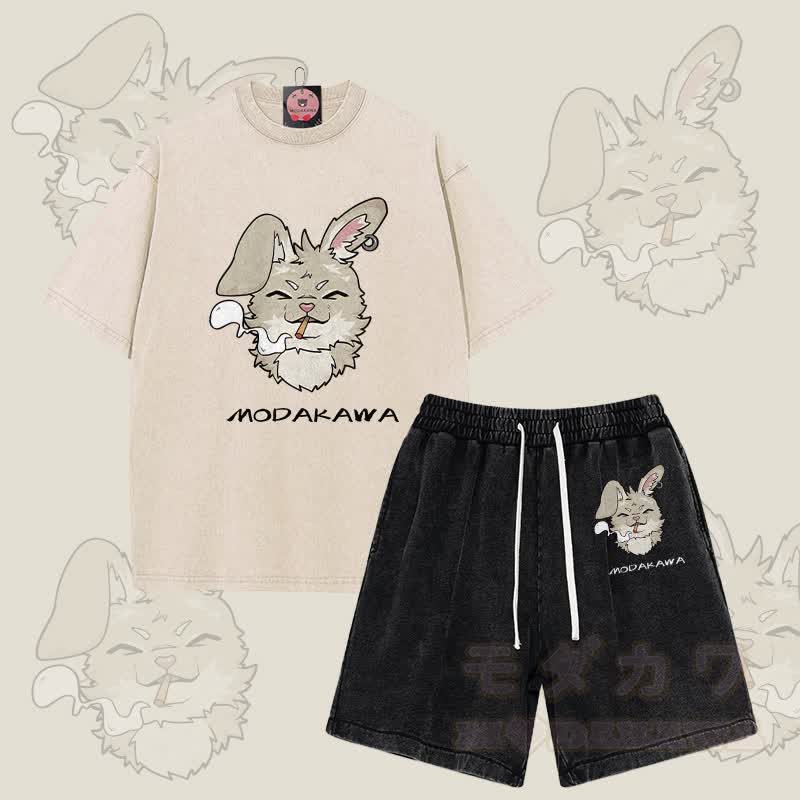 MODAKAWA Smoking Bunny Grafik Vintage Washed T-Shirt Shorts Zweiteiliges Set - Aprikose & Schwarz - 3XL - image 9