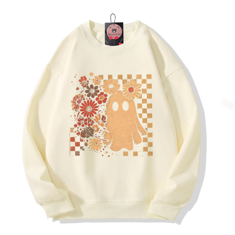 Halloween-Sweatshirt mit Geister- und Blumen-Schachbrettmuster und Rundhalsausschnitt - Beige - 5XL - image 3
