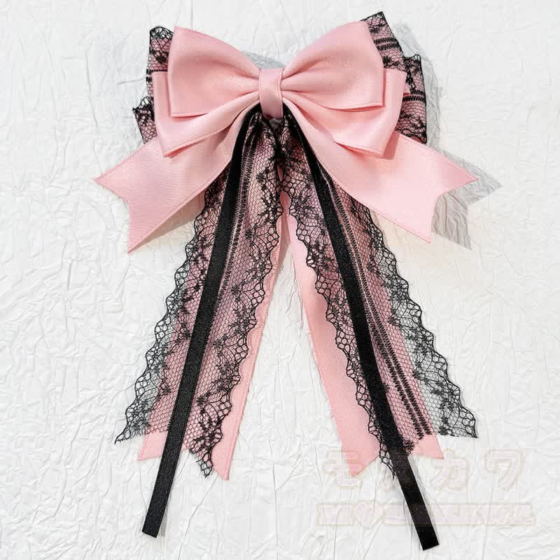 Lolita-Mode Gothic Pink Lace Long Streamer Bow Hair Accessories - C - image 5