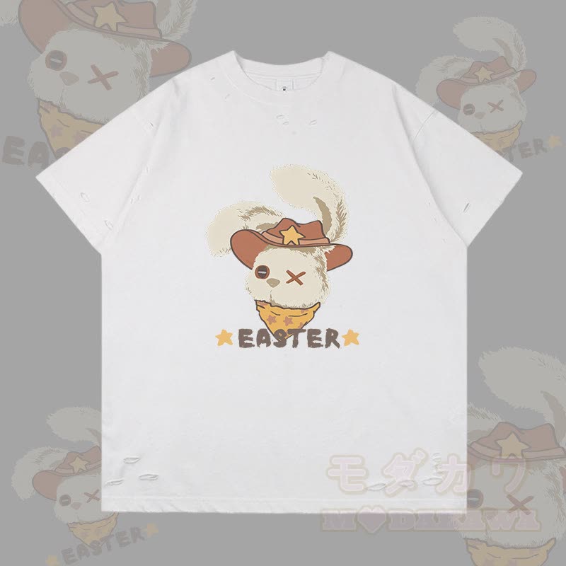 OSTERN Cowboy Bunny Grafik Modakawa Ripped T-Shirt - Weiß - 2XL - image 4