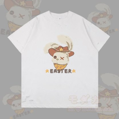 OSTERN Cowboy Bunny Grafik Modakawa Ripped T-Shirt - Weiß - 2XL - image 4