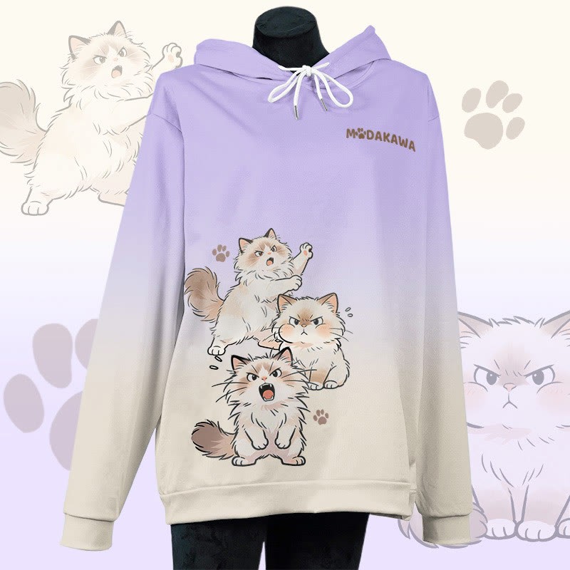 MODAKAWA Pullover-Hoodie mit Allover-Print einer wütenden Katze - Purple - 6XL - image 3