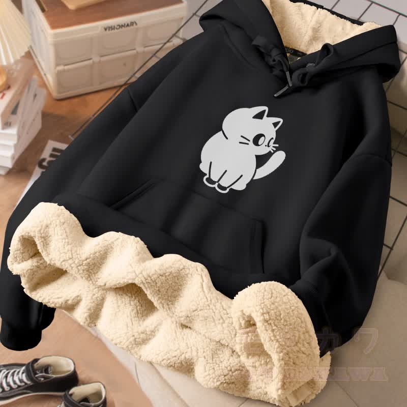 MODAKAWA Winterhoodie mit schwarzem Katzenmotiv, dick gefüttert mit Fleece - Schwarz - 2XL - image 3