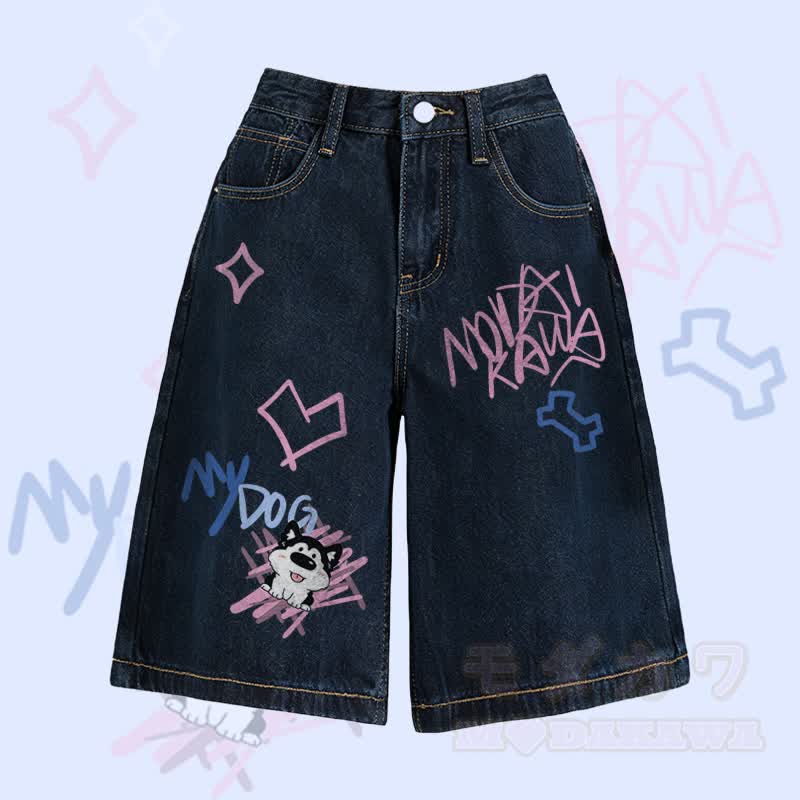 MODAKAWA Bermuda-Denim-Shorts mit Welpenmotiv und Zungenwurf - Dunkelblau - 2XL - image 5