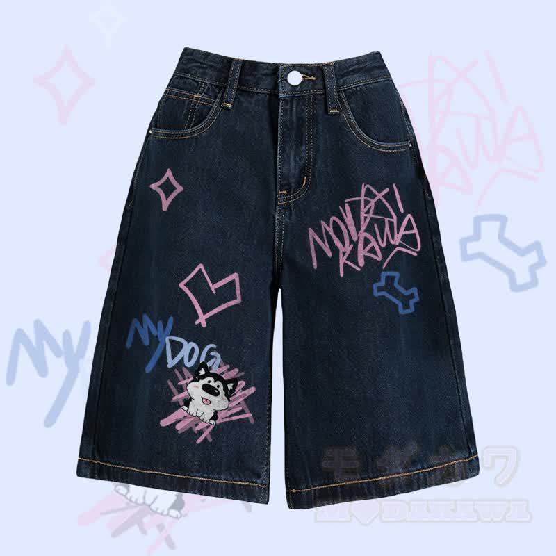 MODAKAWA Bermuda-Denim-Shorts mit Welpenmotiv und Zungenwurf - Dunkelblau - 2XL - image 5