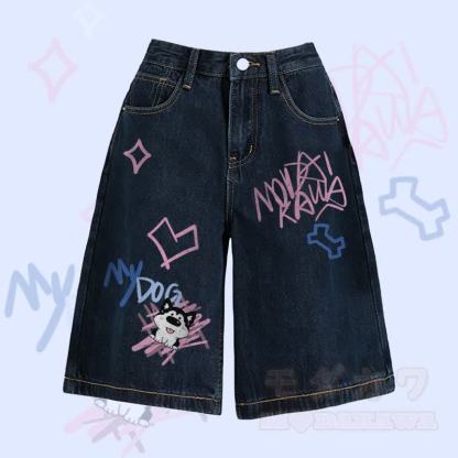 MODAKAWA Bermuda-Denim-Shorts mit Welpenmotiv und Zungenwurf - Dunkelblau - 2XL - image 5