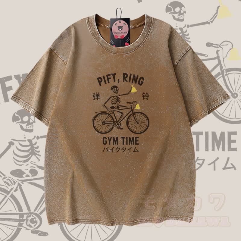 PIFY RING GYM TIME Skelett-Grafik Modakawa Vintage Washed 100% Baumwoll-T-Shirt - Braun - 5XL - image 3