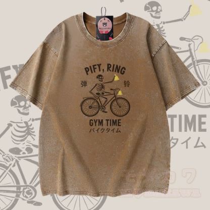 PIFY RING GYM TIME Skelett-Grafik Modakawa Vintage Washed 100% Baumwoll-T-Shirt - Braun - 5XL - image 3