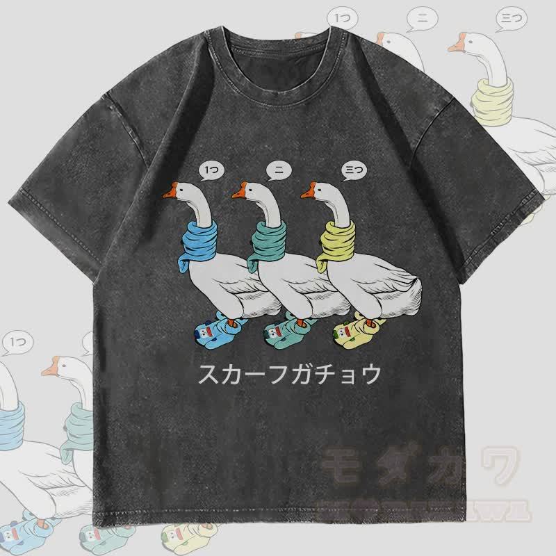 MODAKAWA Drei Schal Gänse Grafik Unisex Vintage Washed T-Shirt - Schwarz - 4XL - image 4