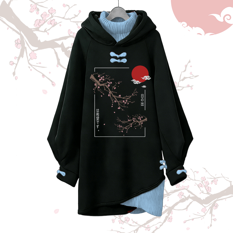 Vintage Kapuzenpullover-Kleid mit Pflaumenblüten-Grafik, Modakawa-Schnalle - Blue - 3XL - image 2