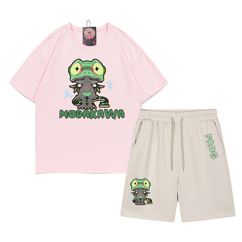Lustiges T-Shirt mit Frosch-Grafik und dunkler Ästhetik, zweiteiliges Set - Rosa&Aprikose - A - 5XL - image 4