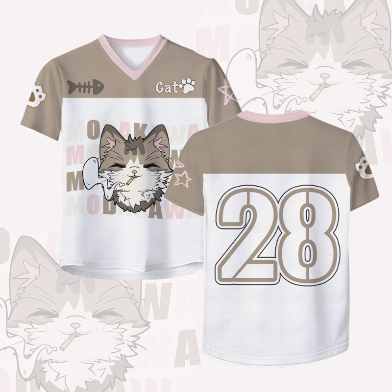 Smoking Cat Number Graphic Modakawa Vintage Mesh Jersey T-Shirt - White & Brown - 4XL - image 2