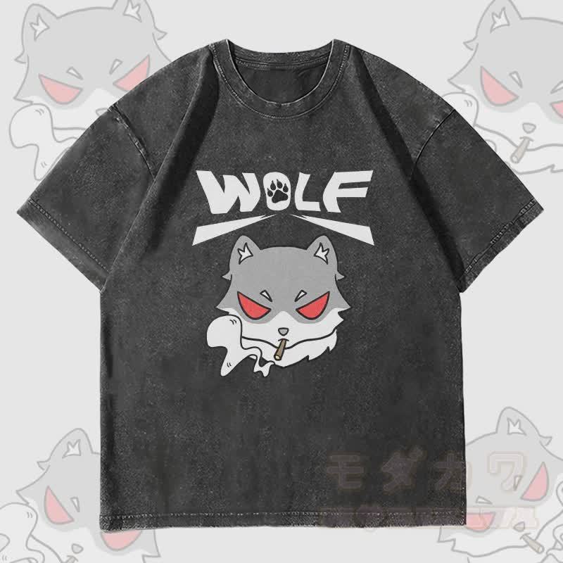 MODAKAWA Smoking Wolf Grafik Unisex Vintage Washed T-Shirt - Schwarz - 4XL - image 4