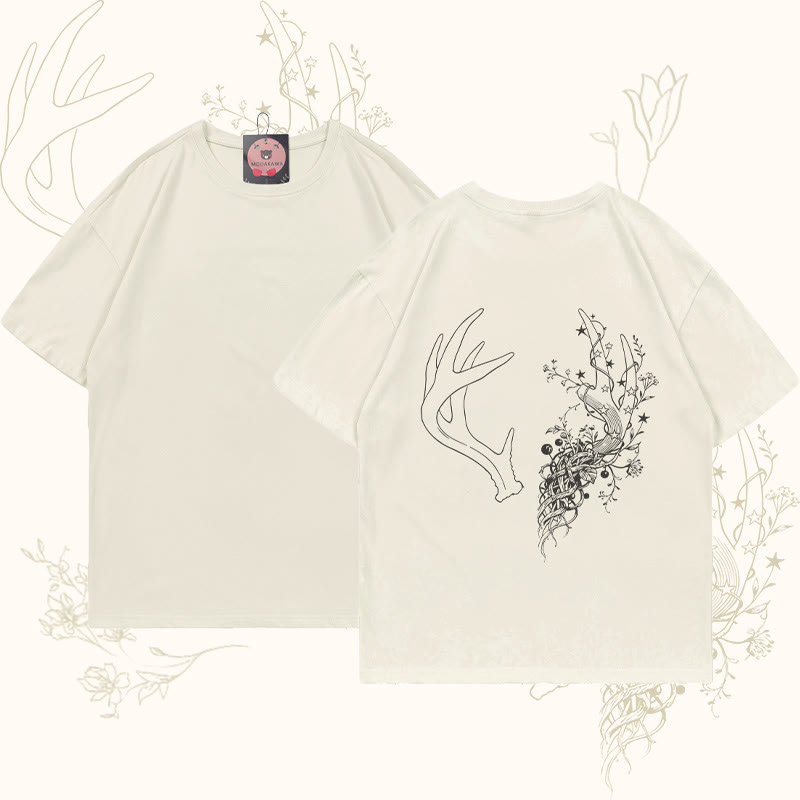 MODAKAWA T-Shirt mit Blumen- und Geweihgrafik - Beige - 5XL - image 3
