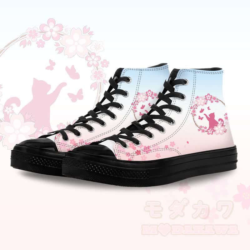 Modakawa Gradient High Top Canvas Schuhe mit Blumen- und Katzenmotiv - Schwarz A - 45 - image 4