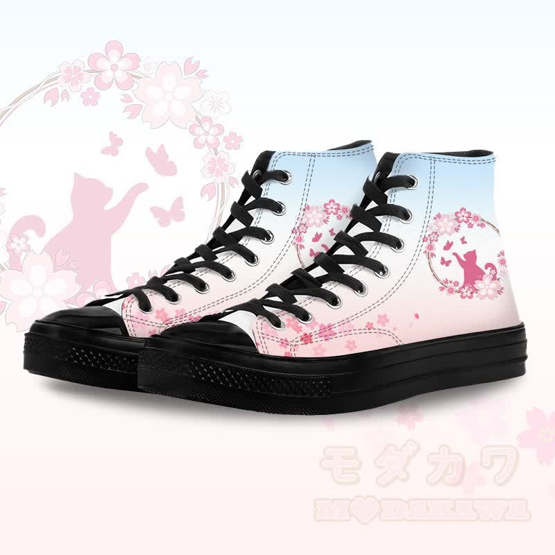 Modakawa Gradient High Top Canvas Schuhe mit Blumen- und Katzenmotiv - Schwarz A - 45 - image 4