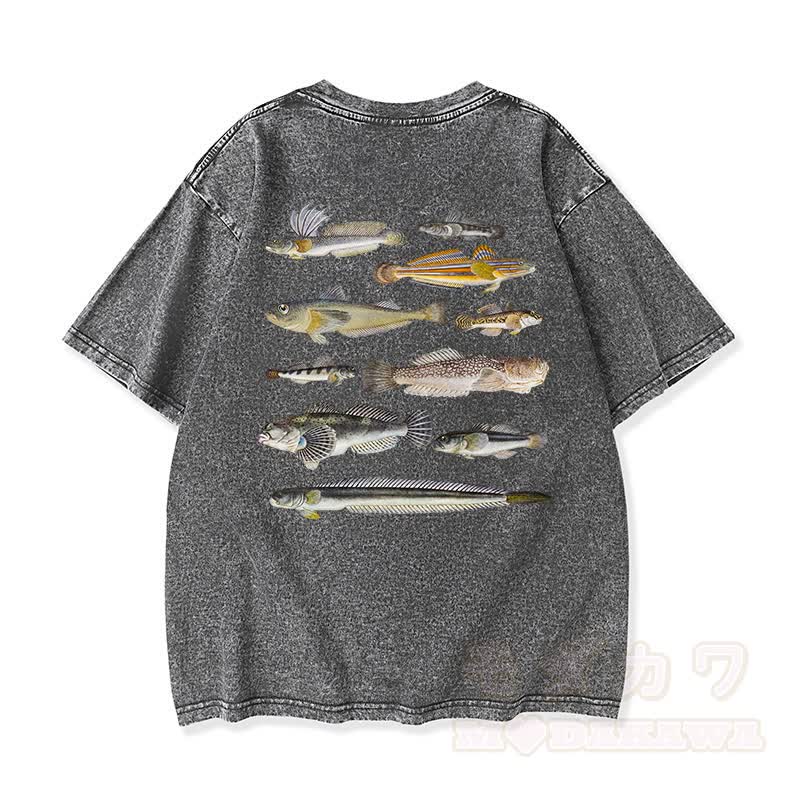 Modakawa Marine Fish Print Washed Loose Oversized Kurzarm-T-Shirt - Grau - 3XL - image 5