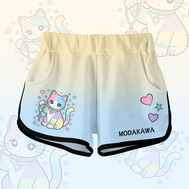 Modakawa Shorts mit pastellfarbenem Farbverlauf und Katzenmotiv - Yellow - 5XL - image 4