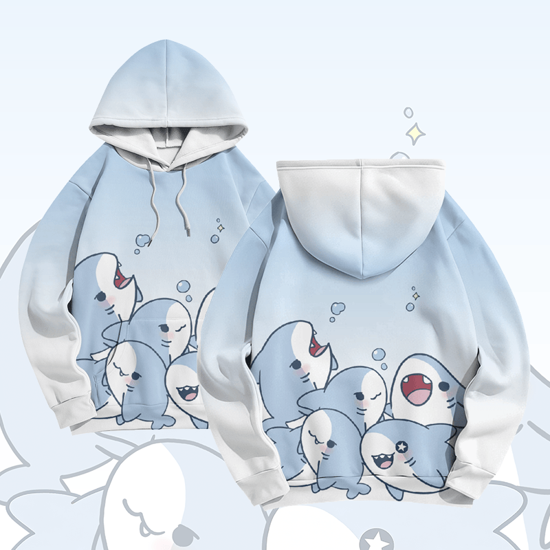 MODAKAWA Farbverlauf-Pullover-Hoodie mit verspieltem Hai-Motiv - Blue - 8XL - image 2