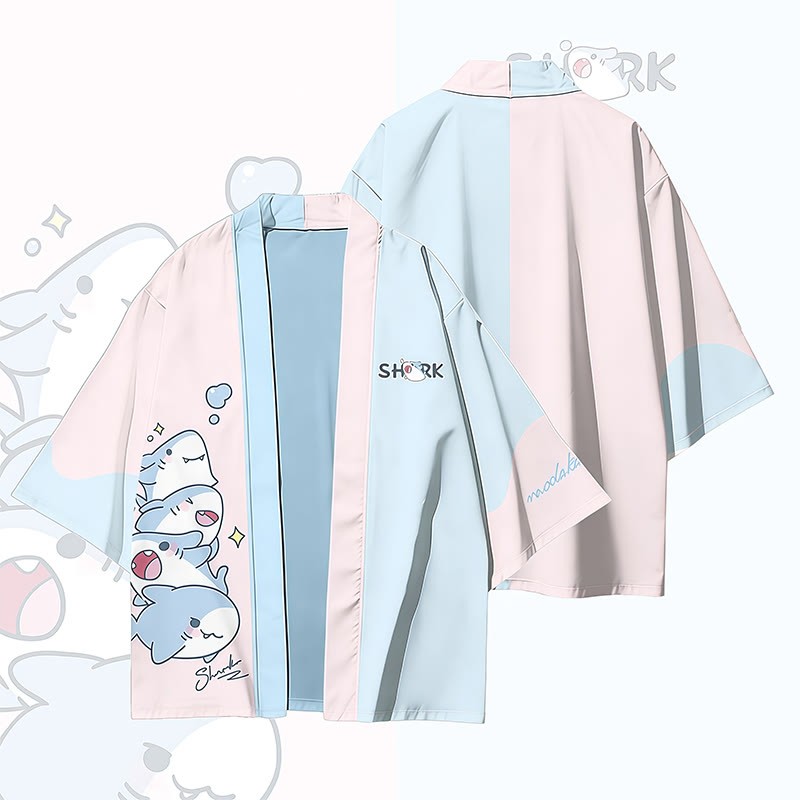 Joyful Sharks Graphic Modakawa Farben Block Cardigan Kimono Oberbekleidung - Blue & Pink - 3XL - image 4