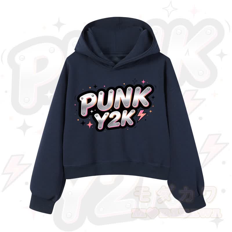 MODAKAWA PUNK Y2K Lightning Graphic Cropped Cotton Hoodie - Marineblau - 3XL - image 10