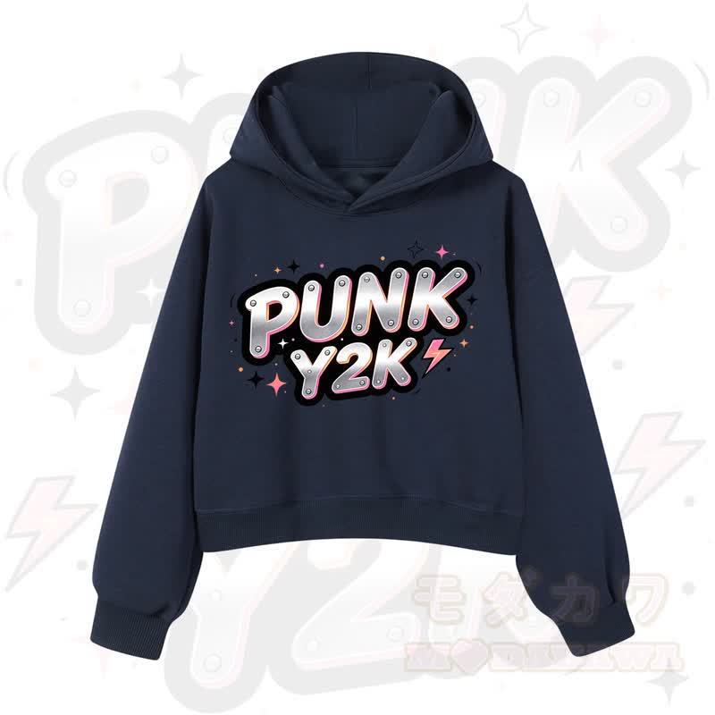 MODAKAWA PUNK Y2K Lightning Graphic Cropped Cotton Hoodie - Marineblau - 3XL - image 10